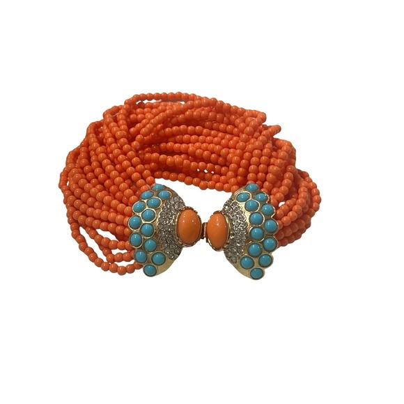 Kenneth Jay Lane KJL Torsade Beaded Multistrand Clasp Bracelet Coral 22k Plated - Picture 4 of 5